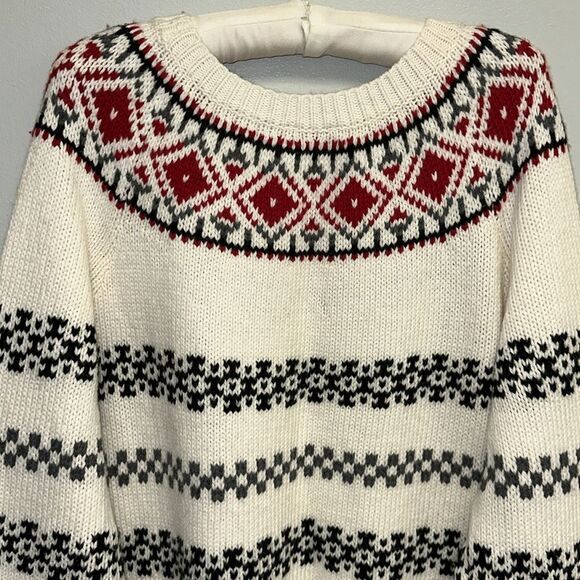 Talbots XL Ivory Red Nordic Fair Isle Wool Blend Knit Crewneck Sweater - Picture 6 of 15
